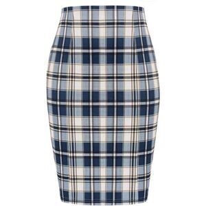Womens Plaid Pencil Skirt Knee Length Bodycon High Waist Stretch Business Midi